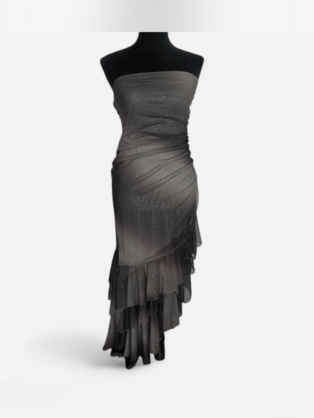 Y2K Ynes dark fairy strapless maxi dress w/ ruffles & glitter.
